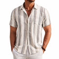 Chemise homme taille M à rayures beige gris marron en tissu tissé manches courtes style décontracté