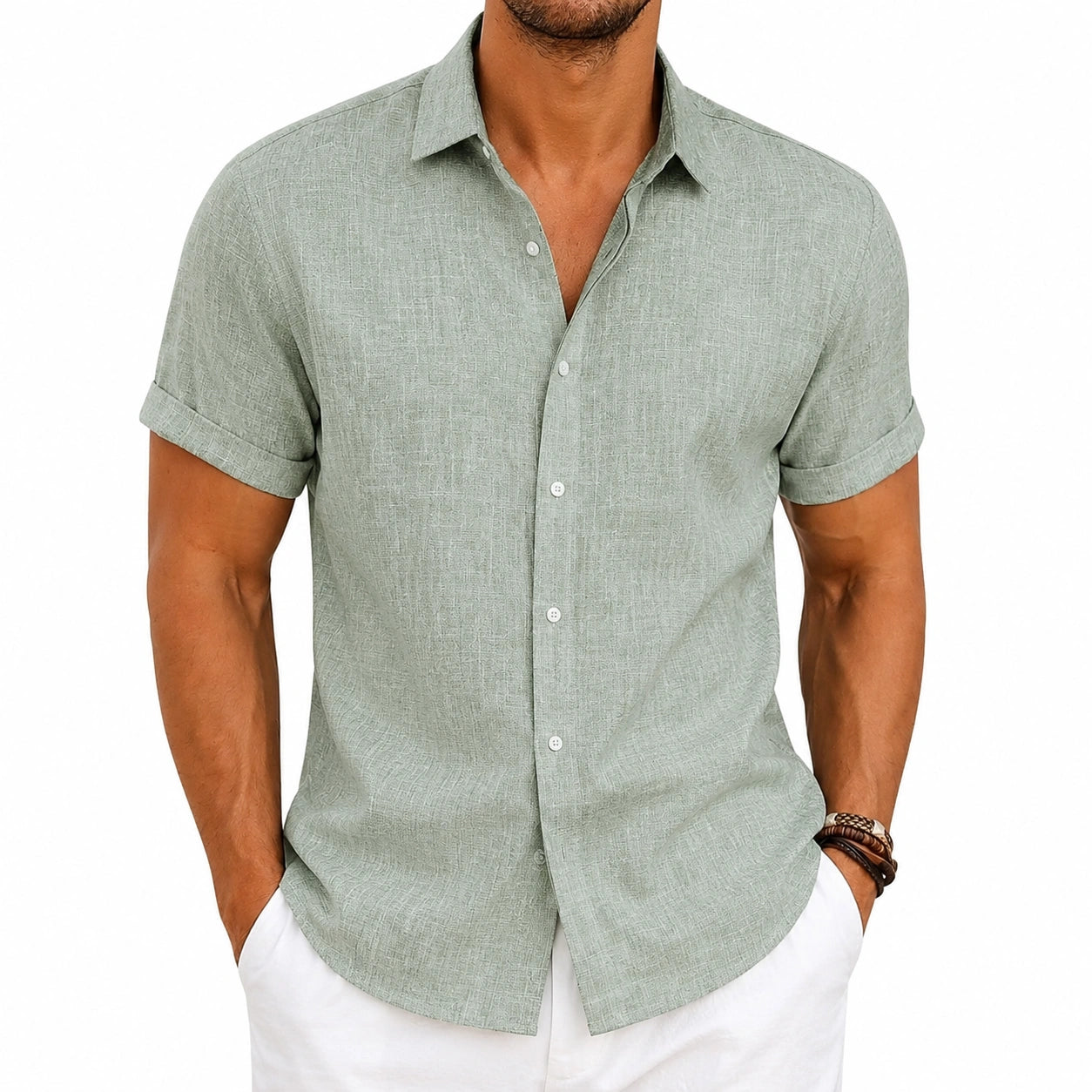 Chemise homme M vert sauge tissée manches courtes coupe décontractée