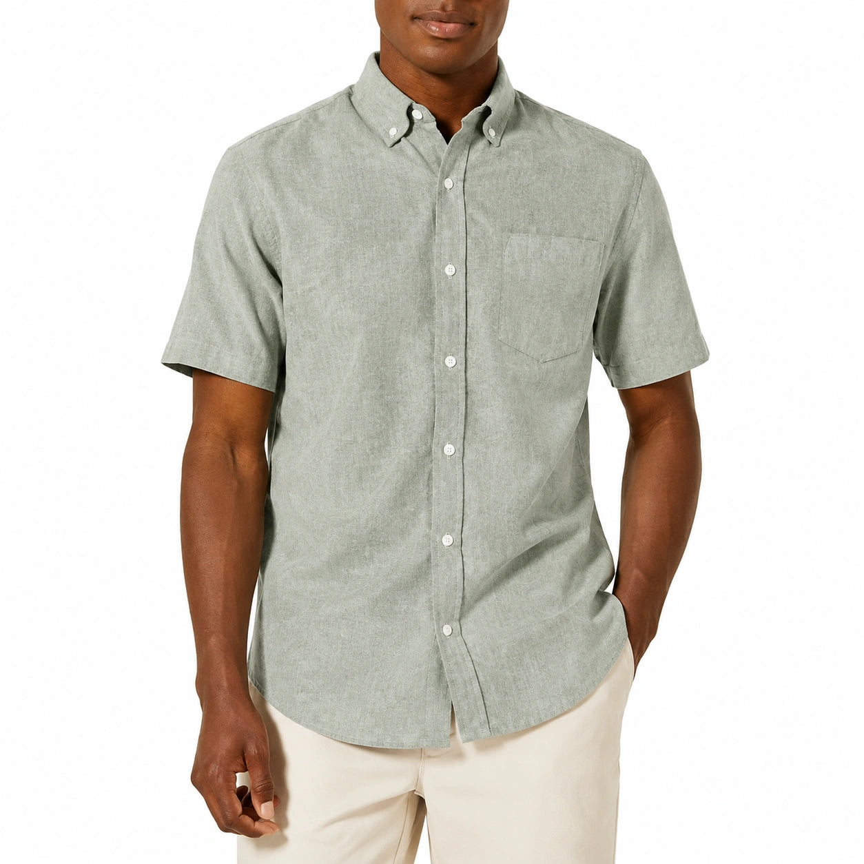 Chemise homme L en lin vert sauge à manches courtes col boutonné
