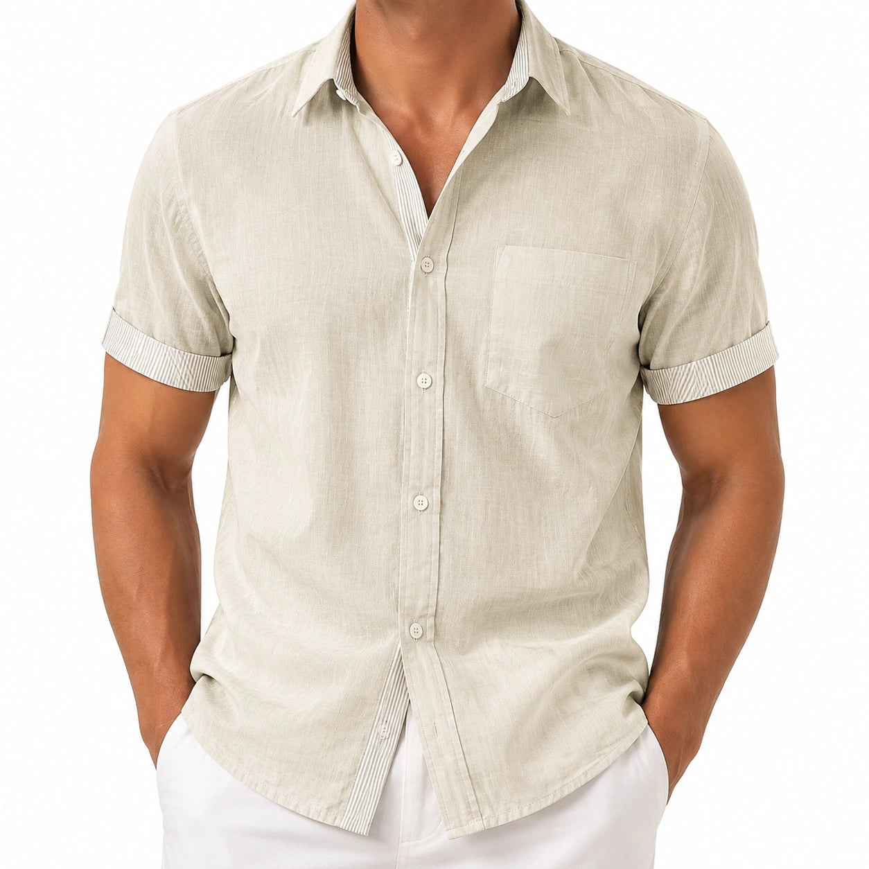 Chemise homme M en lin beige à manches courtes style décontracté
