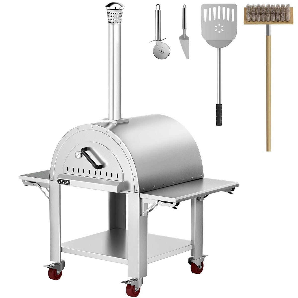 Four à pizza, 66 × 74 × 38 cm, acier inoxydable, bois, mobile, pour le jardin, VEVOR