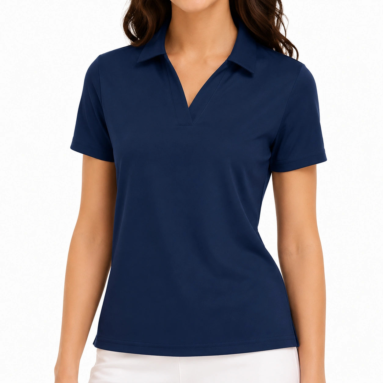Polo femme M en tissu synthétique bleu marine à manches courtes style classique