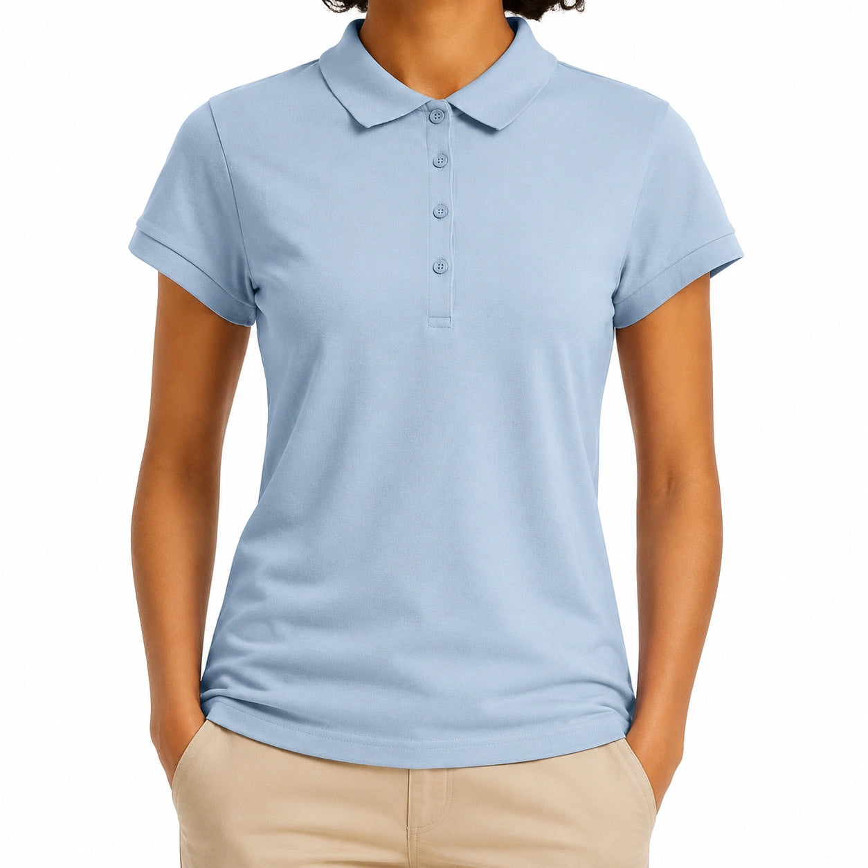 Polo femme taille M en maille bleu clair à manches courtes style classique