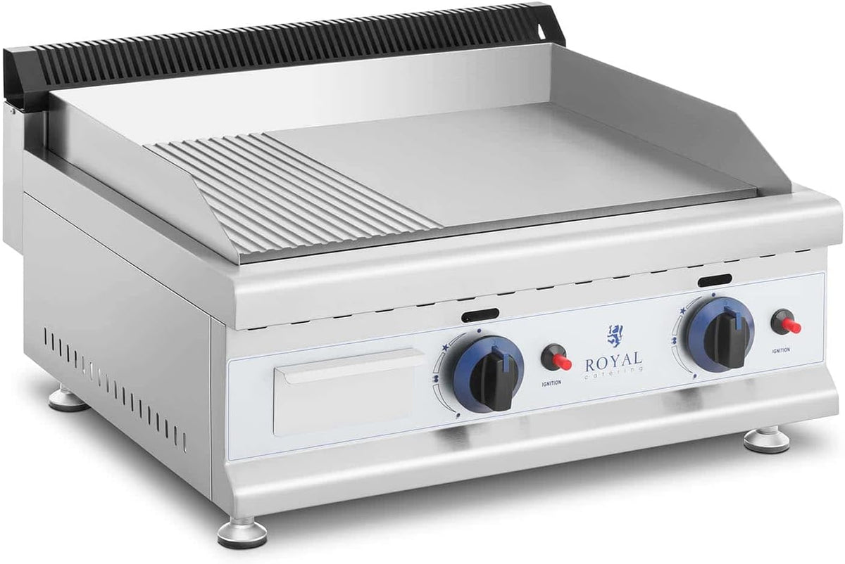 Plancha RC-GGHR600, 60 × 40 cm, 300 °C, acier inoxydable, à gaz, grill, gaz naturel, 2 zones, Royal Catering