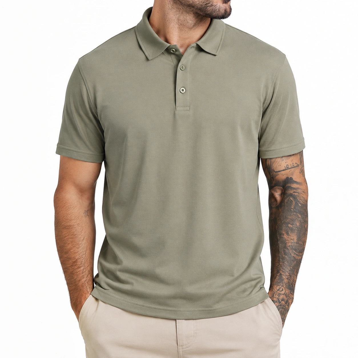Polo homme taille M vert kaki en maille piquée à manches courtes style décontracté