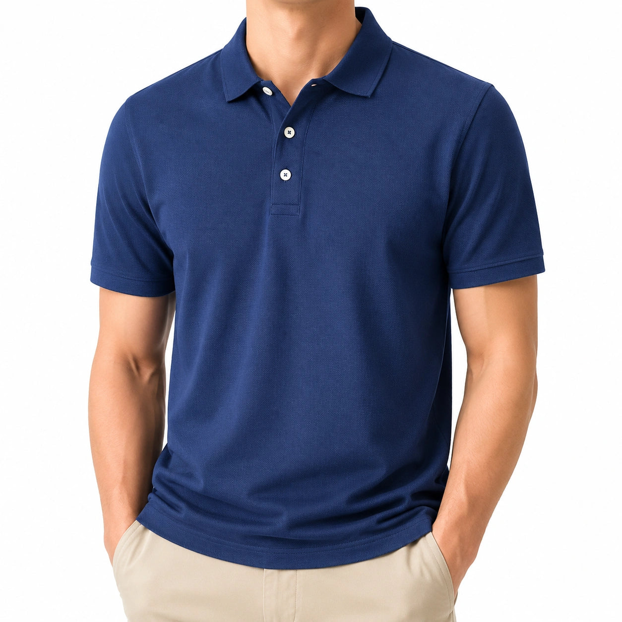 Polo homme taille L en maille piquée bleu marine à manches courtes style classique