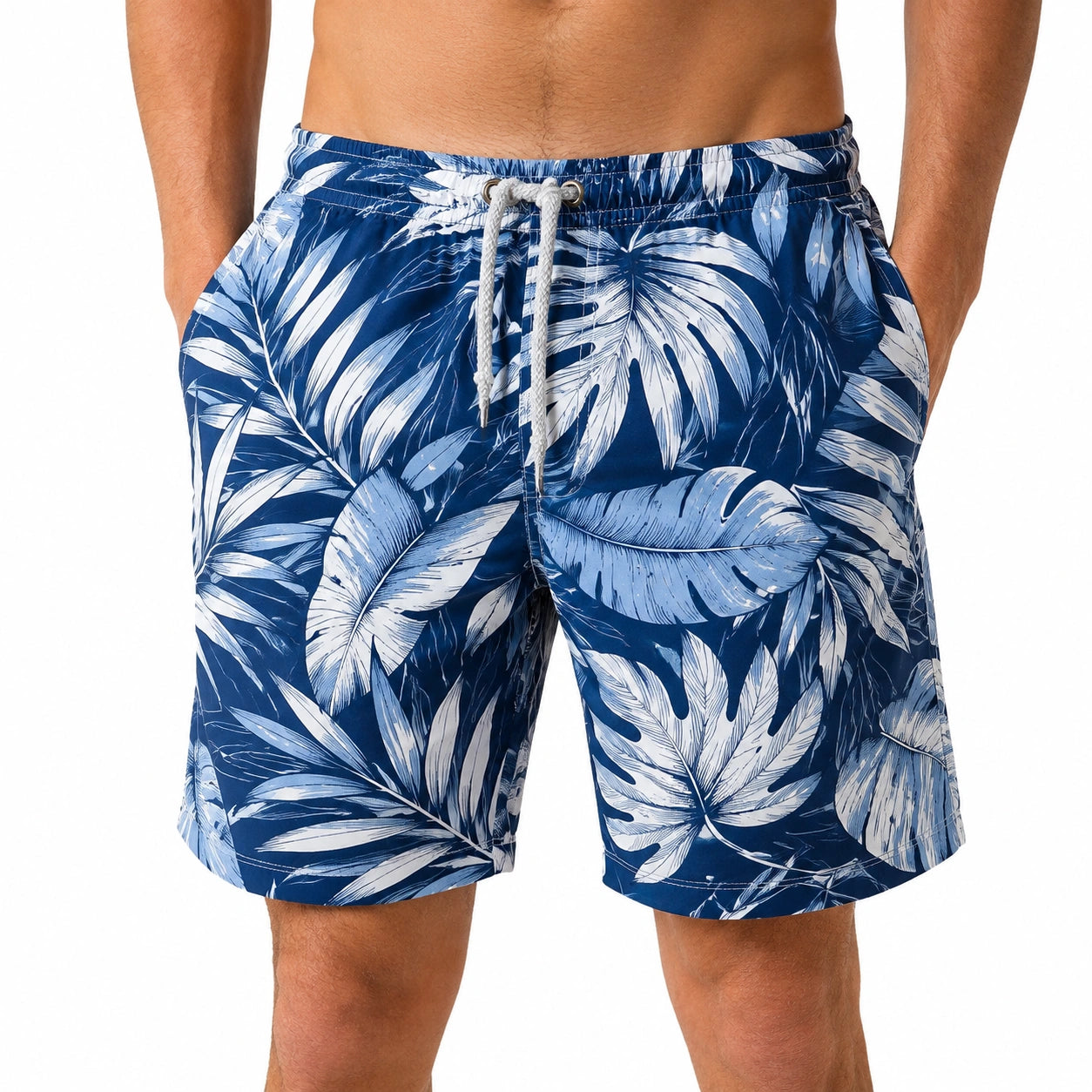 Short de bain homme M bleu marine imprimé feuilles tropicales avec cordon de serrage