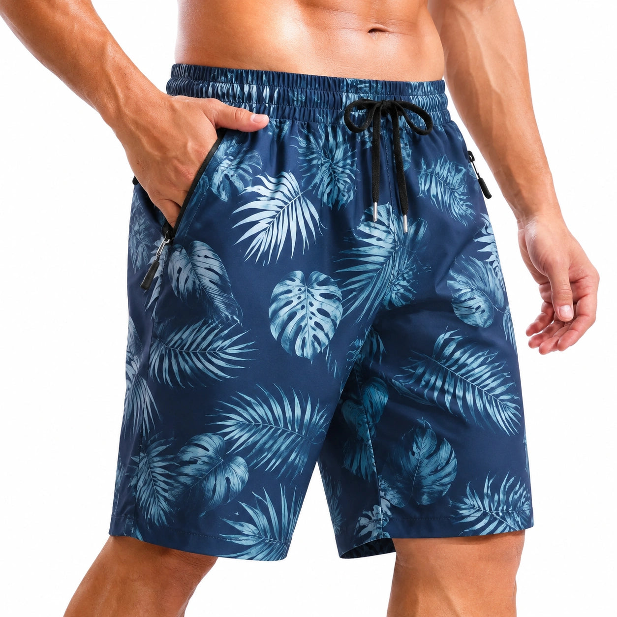 Short de bain homme L bleu marine imprimé feuilles avec poches zippées