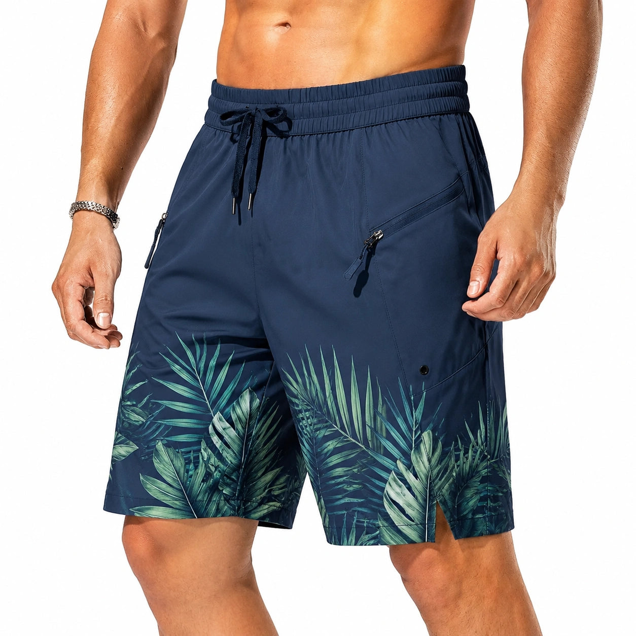 Short de bain homme M bleu marine imprimé feuillage à poches zippées