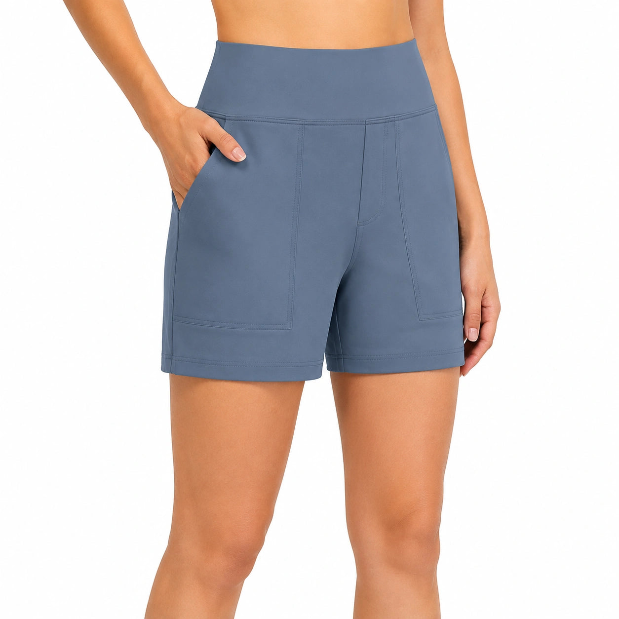 Short femme M en tissu extensible bleu à taille haute avec poches