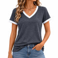 T-shirt femme M bleu marine et blanc à col V contrastant style décontracté