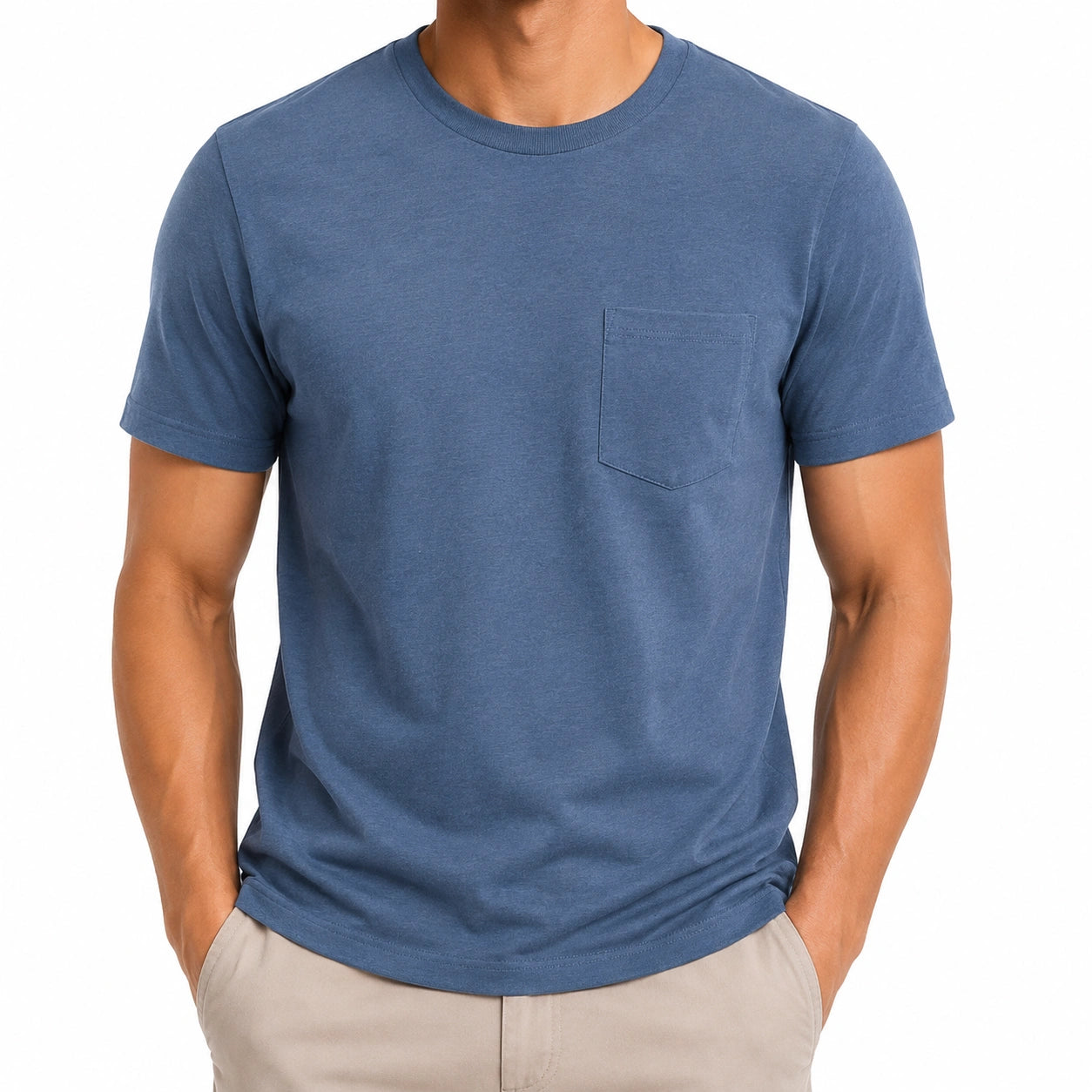 T-shirt homme taille M en coton bleu à poche poitrine - col rond manches courtes