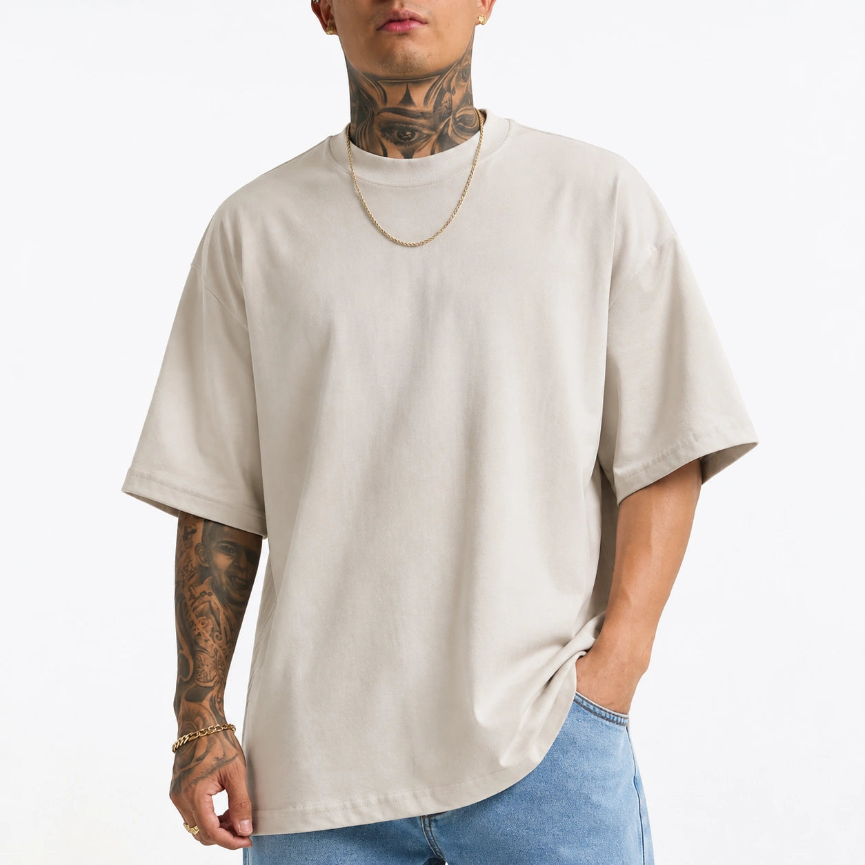 Tee-shirt homme L en tissu beige coupe ample à manches courtes