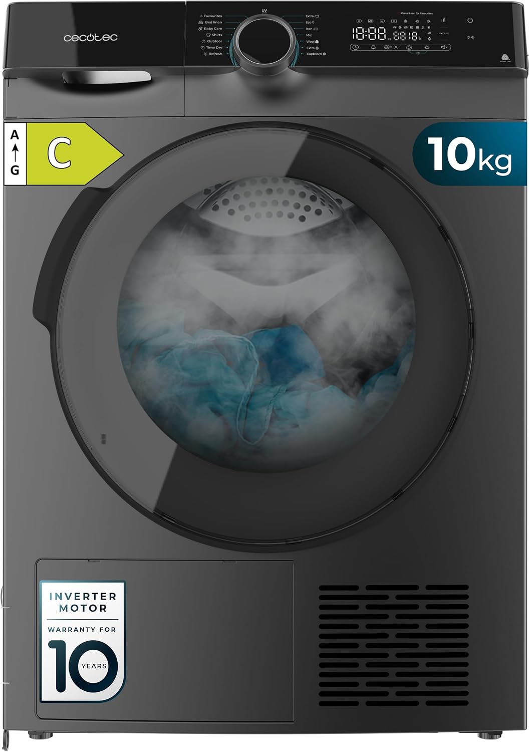 Cecotec sèche-linge, 10 kg, acier inoxydable, pompe à chaleur, 14 programmes