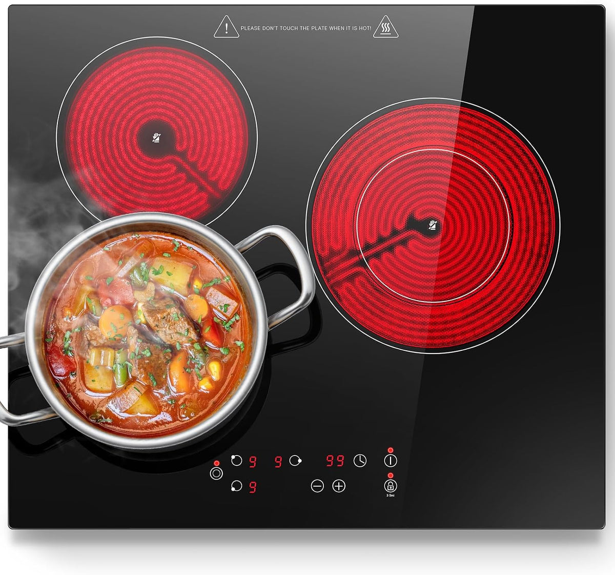 Table de cuisson, 590 × 520 × 50 mm, 2400 W, vitrocéramique, encastrable, 3 feux, 9 niveaux, KICHPOWER