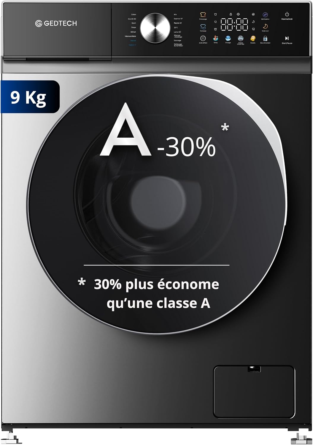 Lave-linge GLLPS91400DG, 9 kg, avec éclairage LED, frontal, 16 programmes, GEDTECH