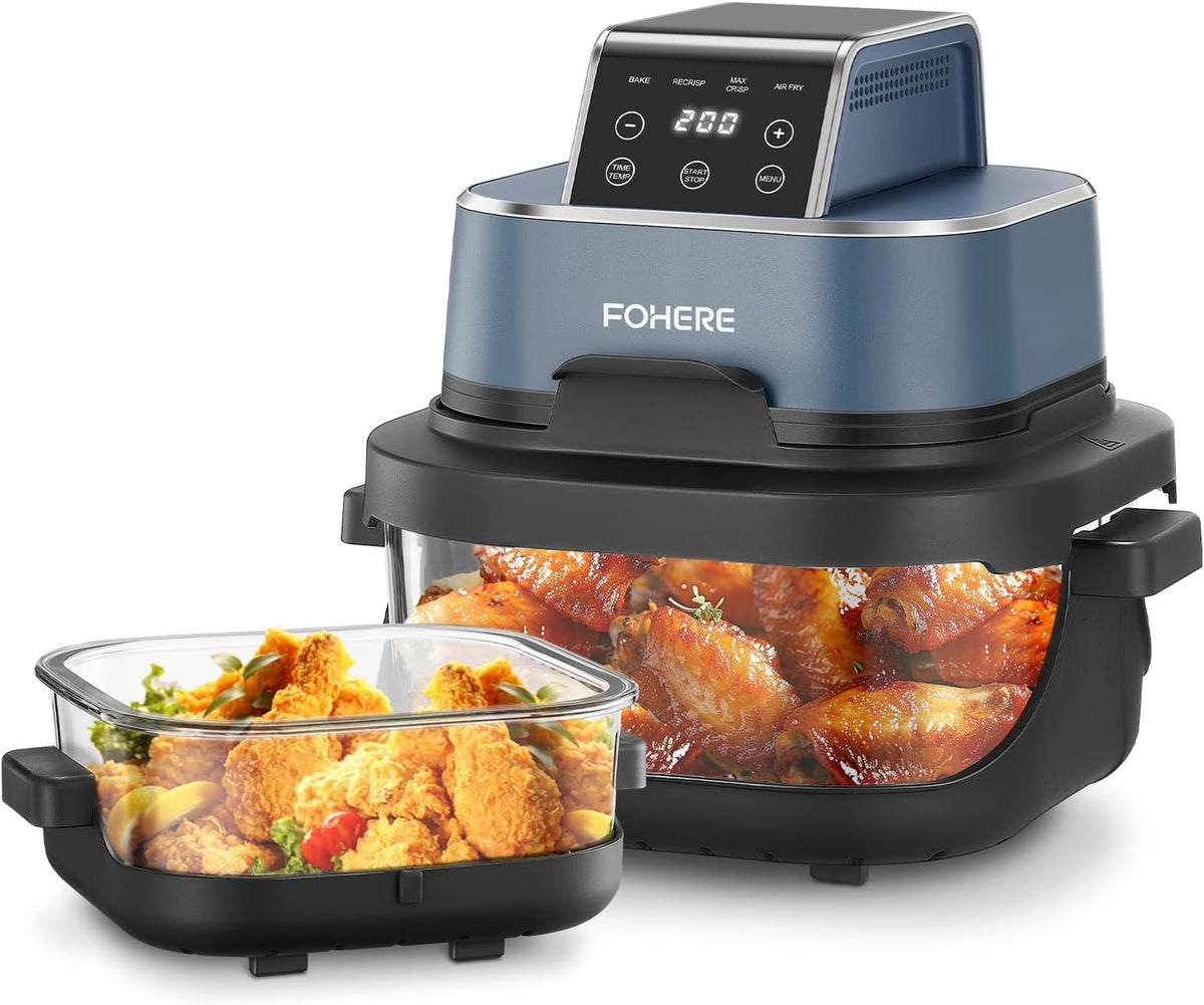 Friteuse sans huile, 4 L, 1,5 L, 1500 W, verre, bleu, portable, FOHERE