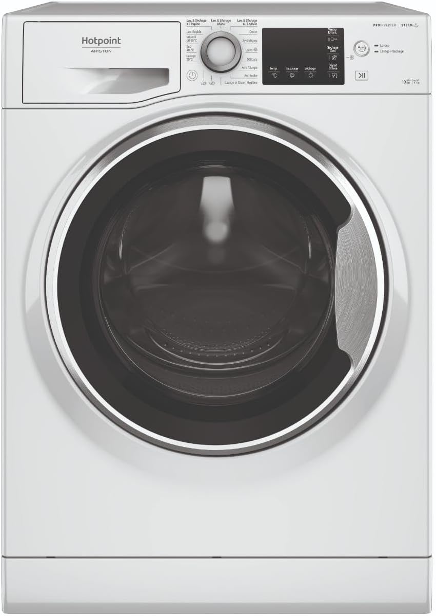 Hotpoint NDBD107489WSAFR lave-linge séchant, 60,5 cm, 10 kg, 7 kg, 1400 tr/min, blanc, induction, pose libre