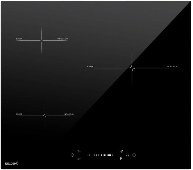 Table de cuisson, 590 × 520 × 58 mm, 7200 W, induction, encastrable, 3 feux, 10 niveaux, BELDEKO