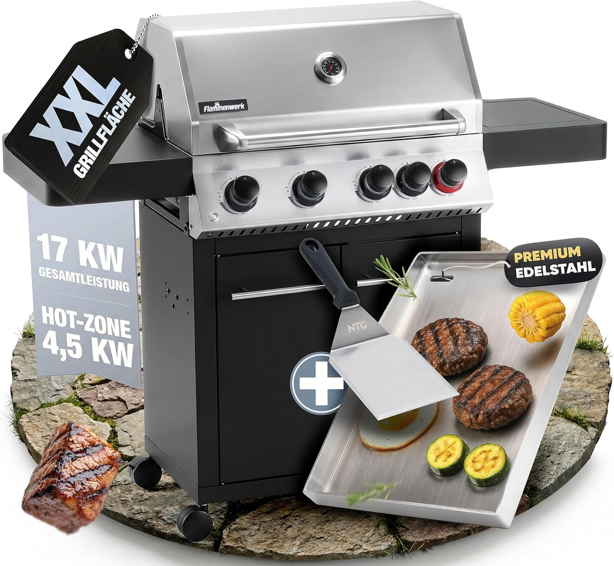 Barbecue à gaz, 17 kW, avec éclairage LED, acier inoxydable, 4+1 brûleur, Flammenwerk
