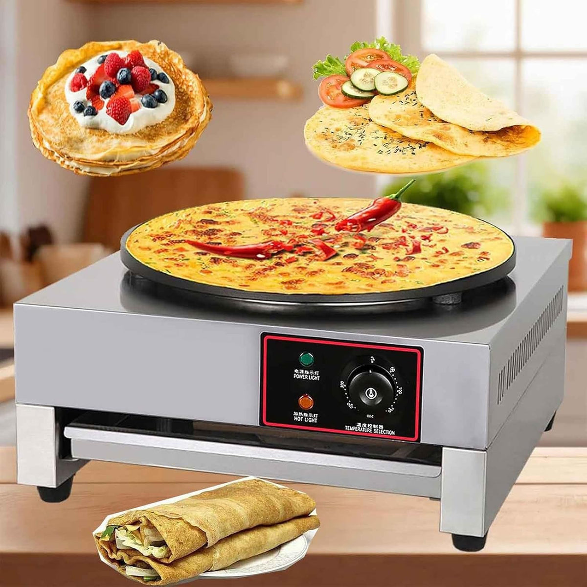 Crêpière électrique, 40 cm, 3000 W, 300 °C, réglable, avec tiroirs
