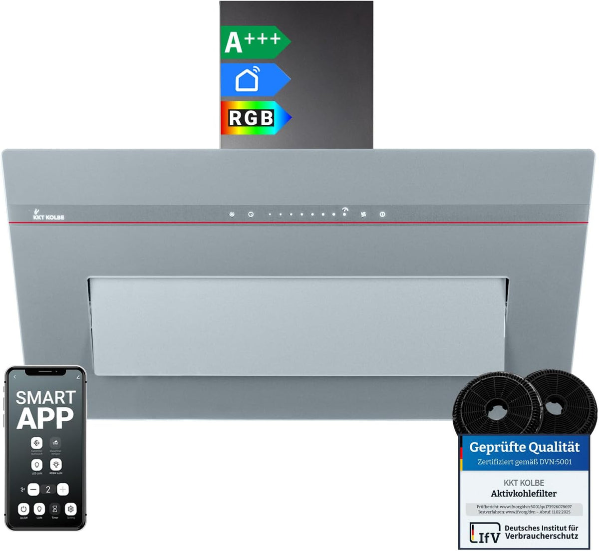Hotte aspirante PLOOM9005G, 90 cm, 782 m³/h, avec éclairage LED, avec Wi-Fi, commande intelligente, verre, gris, KKT KOLBE