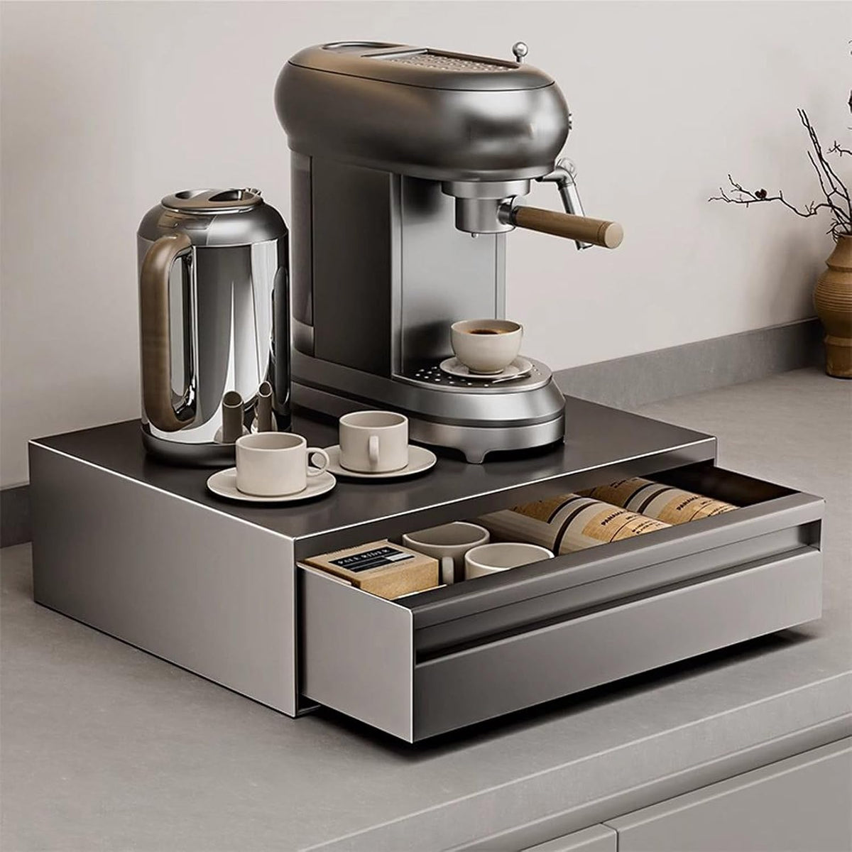 Support pour micro-ondes, 44 cm, avec tiroirs, acier, gris, pour la cuisine