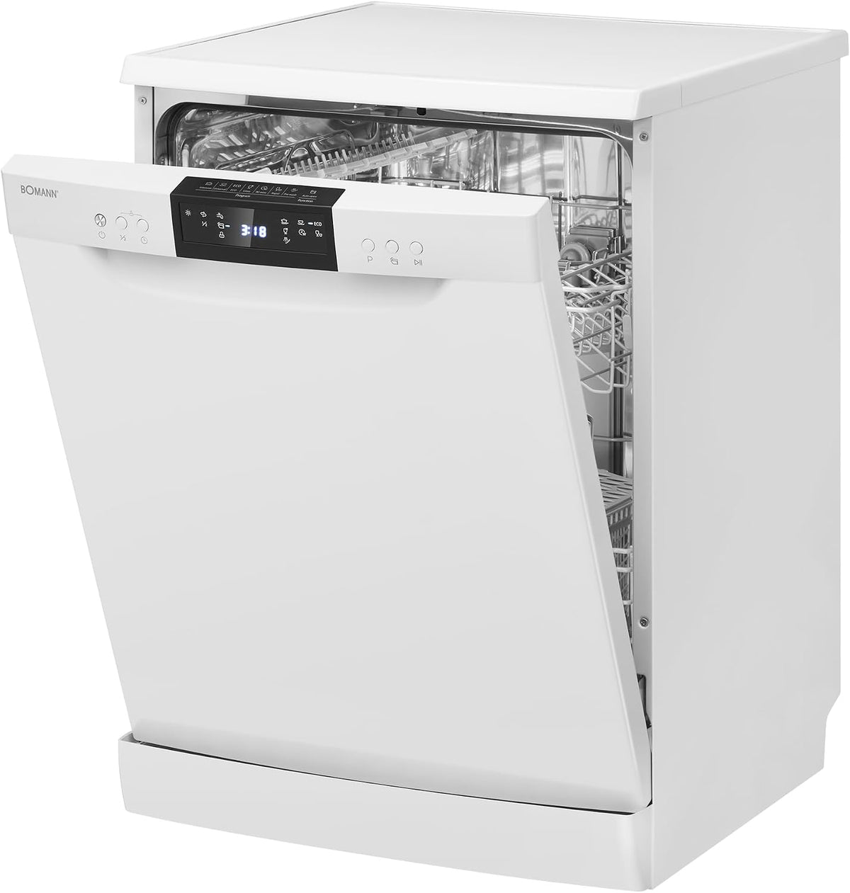 Lave-vaisselle GSP7419-14, 60 cm, 47 dB, avec éclairage LED, acier inoxydable, blanc, encastrable, 14 couverts, 7 programmes, Bomann