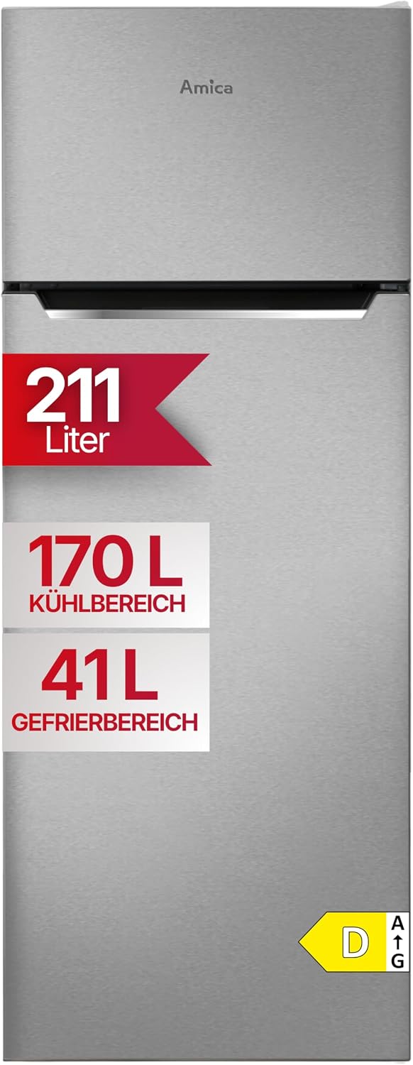 Amica réfrigérateur-congélateur, 142,8 × 54 × 55,1 cm, 211 L, avec éclairage LED, argent