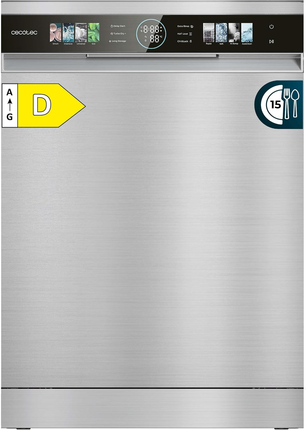Cecotec lave-vaisselle, 60 cm, 1900 W, commande intelligente, acier inoxydable, compact, 15 couverts, 8 programmes